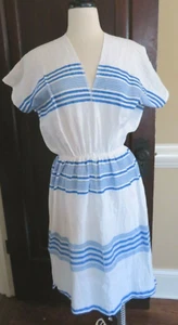 Nice! LEMLEM LIYA KEBEDE PATIO DRESS Blue Striped Ethiopia Small - Picture 1 of 5
