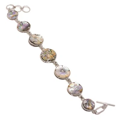 Vintage Mother of Pearl Gemstone Handmade Engraved Flower Statement Bracelet - Image 1 of 3