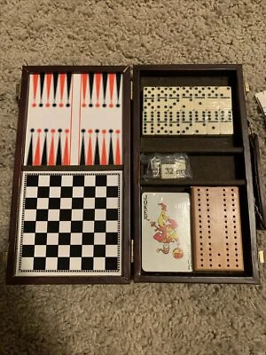 Vintage Game Set Dominos Backgammon Checkers Chess Card Faux Leather Travel Case - Image 1 of 4