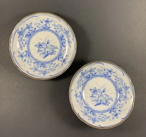JAPANESE FINE PORCELAIN BLUE WHITE SHALLOW PLATE & BOWL FLOWERS GRASS BLADES - Picture 1 of 10