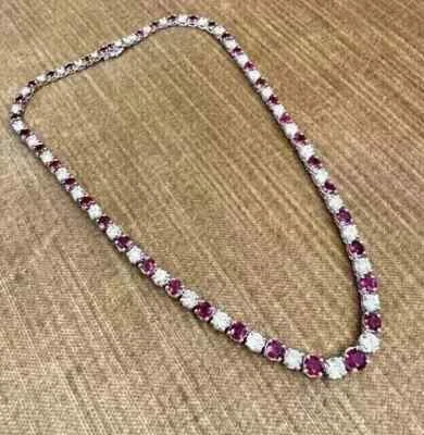 Collar gargantilla de zafiro rosa creado en laboratorio de corte redondo de 15 quilates enchapado en oro blanco de 14 quilates de 18" Foto 1 de 4