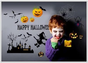 Halloween Witch Pumpkin Bat Scary Window Wall Sticker Decor Vinyl Decal Stickers - Picture 1 of 2