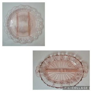 Set (2) BESCHÄDIGT Vintage Rosa Depression Glas Geteilt Relish Schale Gewürz Tablett - Bild 1 von 12