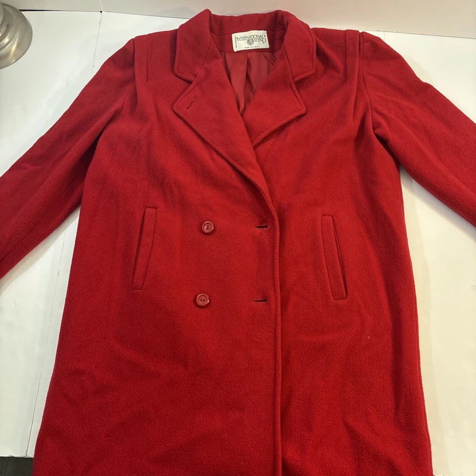 Women’s S-M Red Fleece International Scene Long Coat Made In uSA - Image 1 of 4