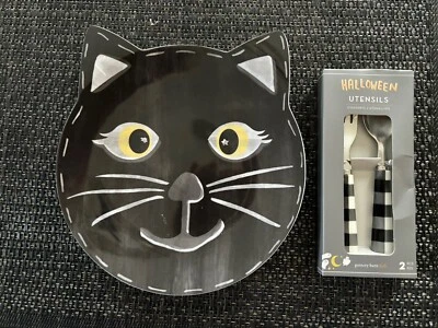 Pottery Barn Halloween Plate Utensil SET Holiday party school black cat Disney ! - Image 1 of 4