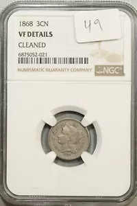 1868 Three Cent Nickel NGC VF Details Cleaned #2-021 - Picture 1 of 2