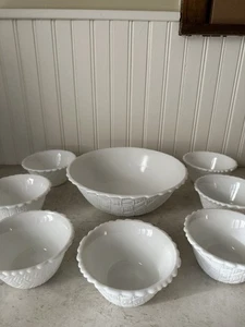 8 Pc Indiana WEAVETEX Basket Weave Milk Glass Serving Bowl Dessert Fruit Bowls - Picture 1 of 15