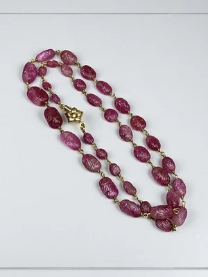 Vintage 18K Yellow Gold Carved Pink Tourmaline Beaded Long Necklace 155ct 23.75” - Image 1 of 4