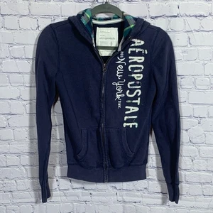 Aeropostale Damen Y2K Full Zip Kapuzenpullover Navy Größe S Spellout Plaid - Bild 1 von 9