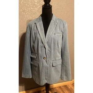 Orvis Women's Blue Denim Blazer Jacket Two Button distressed Size 14 - Picture 1 of 16