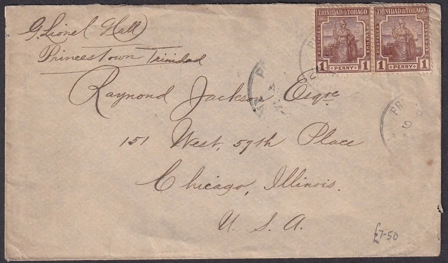 Trinidad y Tobago 1921 1d marrón par cubierta PRINCESS TOWN a EE. UU. Foto 1 de 1