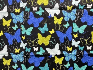 Blue Yellow White Butterflies on Black Fabric 34" x 28" Cotton Remnant - Picture 1 of 3
