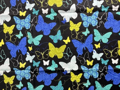 Blue Yellow White Butterflies on Black Fabric 34" x 28" Cotton Remnant - Image 1 of 3