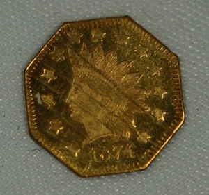1874 Achteckiger Indianer 1,00 (3) Dollar Kalifornien Bruchgold. CH/UNC Details - Bild 1 von 3