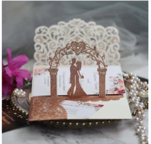 10pcs 3D Pop up Hand Made Wedding Invitation Pocket-folds Laser Glitter Cut Card - Picture 1 of 13