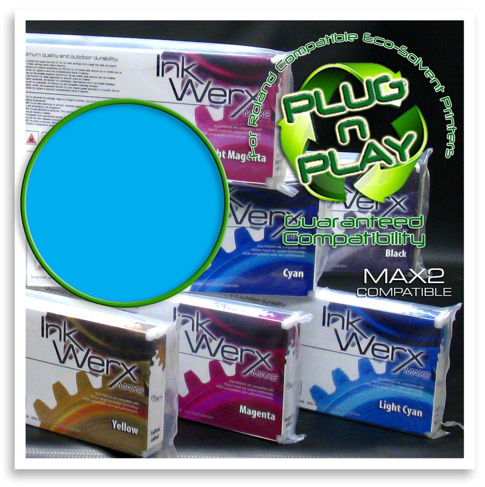 InkWerx Eco-Sol Max2 100% Roland Compatible 440ml CYAN Eco-Solvent Cartridge - Image 1 of 1