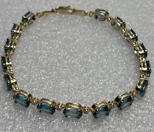 Blue Topaz Tennis Bracelet 14k Yellow Gold 7" 5.3mm - Picture 1 of 12