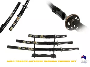 Collectable GOLD Dragon Japanese Samurai Katana 3 Swords Set with Free Stand - Picture 1 of 7