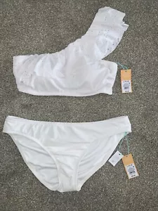 Bikini monospalla Kona Sol bianco con occhielli e volant nuovo con etichetta taglia L 12-14 - Foto 1 di 14