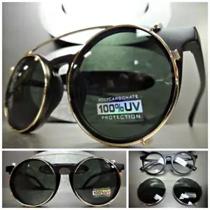 CLASSIC VINTAGE 60s RETRO Style Clear Lens CLIP ON SUN GLASSES Matte Black Frame - Picture 1 of 12