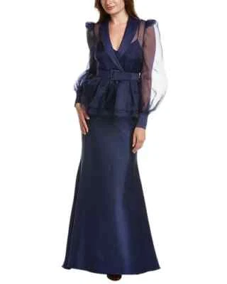 BADGLEY  MISCHKA MAXI EVENING GOWN SHIRTDRESS SIZE 8 TRUMPET PEPLUM MODEST NAVY - Image 1 of 4