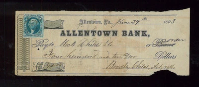 1863 Allentown Pennsylvania Bank Check Featuring US Revenue Stamp #R13b - Image 1 of 2