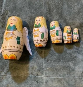 Vintage ANGEL Stacking Nesting Doll 5 TOTAL Painted Harp Attached WINGS - Picture 1 of 12
