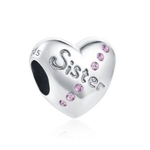 S925 Sterling Silver Sister Pink CZ Heart Charm For Bracelets