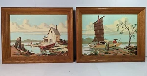 Paar Vintage 1950er MALEN NACH ZAHLEN gerahmt BOOTSTART Skiff chinesische PBN (2) Tiki - Bild 1 von 9