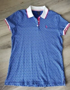 Women U.S. Polo Association sz L blue pink pattern pique classic polo golf shirt - Picture 1 of 4