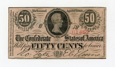 1863 T-63 50c The Confederate States of America Note - CIVIL WAR Era - Image 1 of 3