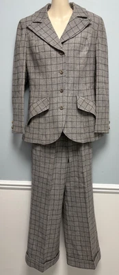 Vintage 100% Pure Virgin Wool Pant Suit Gray Windowpane Cuffed Pants Size 10 - Image 1 of 4