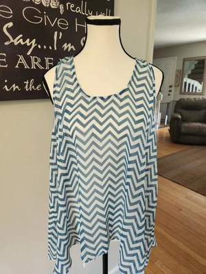 Umgee Sheer Tank  L Colorful Artsy Tunic Sleeveless Top Keyhole Back Teal Strip - Image 1 of 4