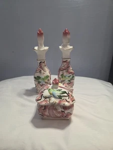 Vintage Vanity Set Powder Trinket Box  2 Perfume Oil Bottles Vases Hand Painted - Picture 1 of 9