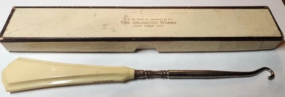 Antique Ivory Pyralin DuBarry Shoe Button Hook w The Arlington Works Box N.Y. - Image 1 of 4