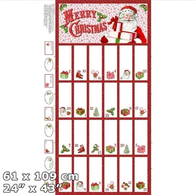 Northcott Vintage Christmas Advent Holly Present Santa Tree 100% Cotton Panel - Image 1 of 4