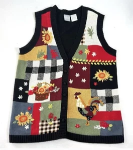 VTG Blair Sweater Vest ROOSTER SUNFLOWERS Patchwork Embroidered COUNTRY sz 3XL - Picture 1 of 5