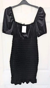 H&M Divided Black Velour Dress Size M Puff Sleeve Ruffle Hem - BNWT - Picture 1 of 12