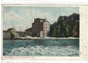 Postal antigua a color de 1907 Big Cedar Dam Menomonie, Wisconsin #1443 - Imagen 1 de 2