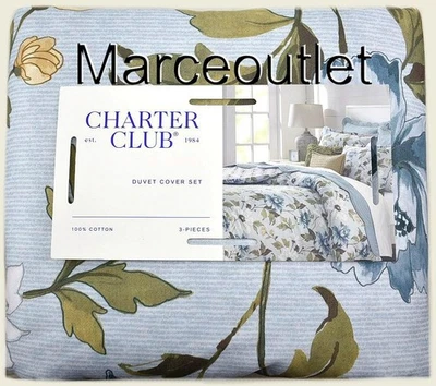 Charter Club Peony Cotton Reversible FULL / QUEEN Duvet Cover & Shams Set Blue - Image 1 of 4