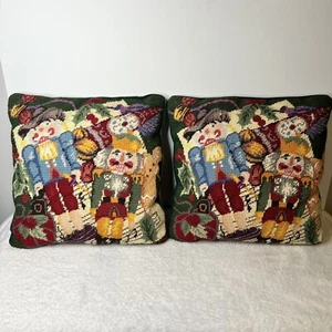 Vintage Needlepoint Christmas Nutcracker Throw Pillow Set Velvet Back 13 x 13" - Picture 1 of 5