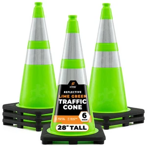 28” Lime Green Traffic Cone - 6 Pack - Dual 6" & 4" Reflective Collar - Picture 1 of 7