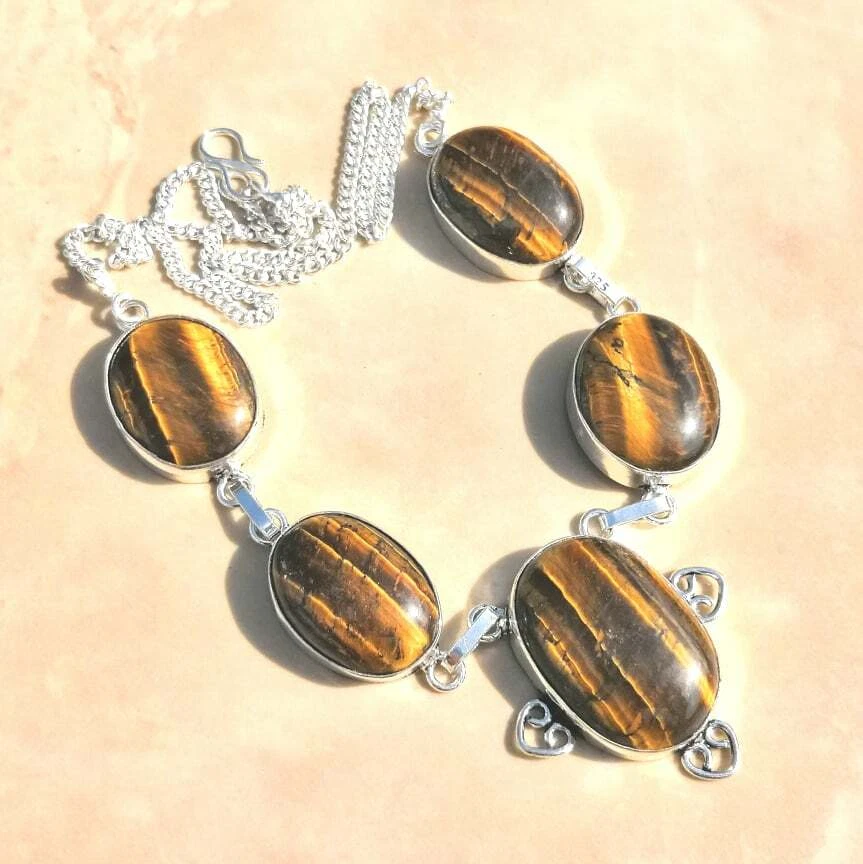 Handmade Dorato di Tigre Occhio Gemma 925 Argento Sterling Collana 19 " #N01698 - Immagine 1 di 1