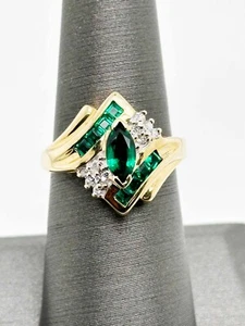 Marquise Shaped Green Emerald and Diamond Ring 10K Yellow Gold - Picture 1 of 5