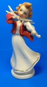 Vintage Mid-Century Ceramic Angel Playing Violin Gold Trim - Picture 1 of 10
