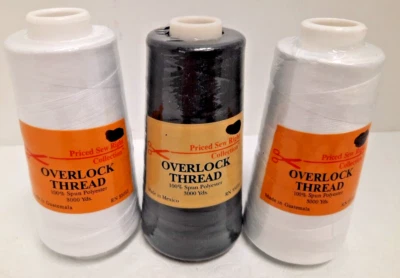 Overlock Thread 100% Spun Polyester 3000 yds each 2 White 1 Black Lot of 3 - Image 1 of 3