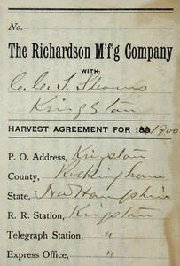 Buckeye Mower Richardson Farm Implements Salesman Agreement Territory Stock 1900 - Picture 1 of 7