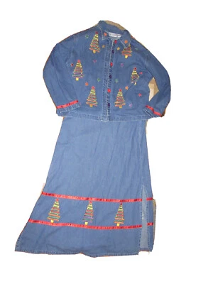 Carrie Allen Christmas Tree Jean Dress And Jacket Womens Large 2 PIECE VINTAGE - Image 1 of 4