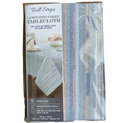 Twill Striped Laminated Fabric Dinner Table Tablecloth 52" x 70" Blue Tan New! - Image 1 of 4