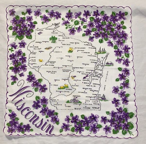 Vintage Ladies Hankie Souvenir State of Wisconsin-Violets-Handkerchief-Hanky - Picture 1 of 2